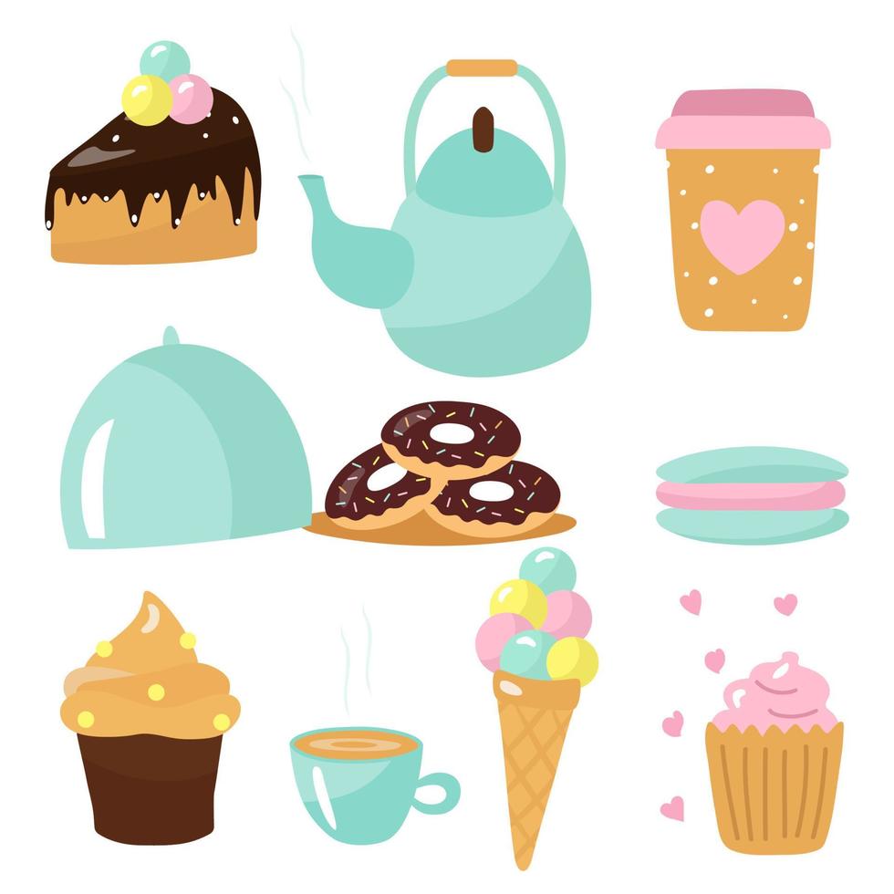 fiesta de té, pastel, helado, donuts, tetera y taza. lindo, conjunto de vectores. una ilustración aislada. vector