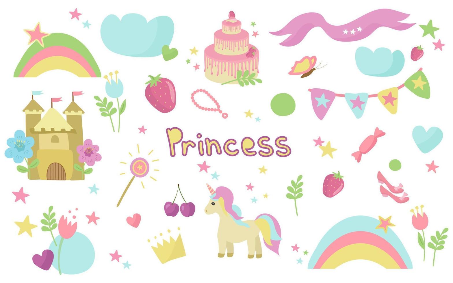 A delicate collection of Princess elements. Castle, rainbow, unicorn, shoes, magic wand, crown, cake. Vector. In the style of hand drawing. vector