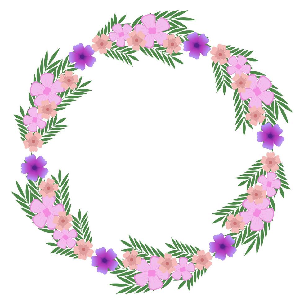 Floral wreath. Vector illustration. Purple and pink flowers, green leaves. Design for invitations and greeting cards.