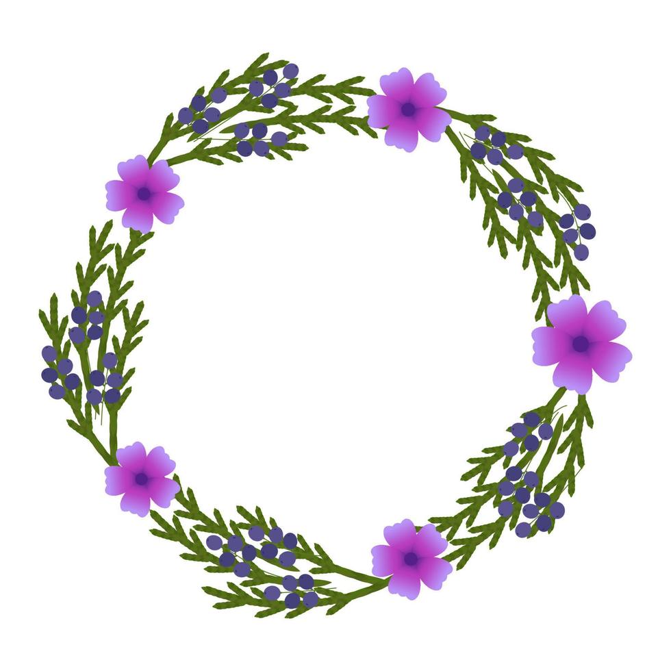 Floral wreath. Vector illustration. Purple flowers and berries, green leaves.