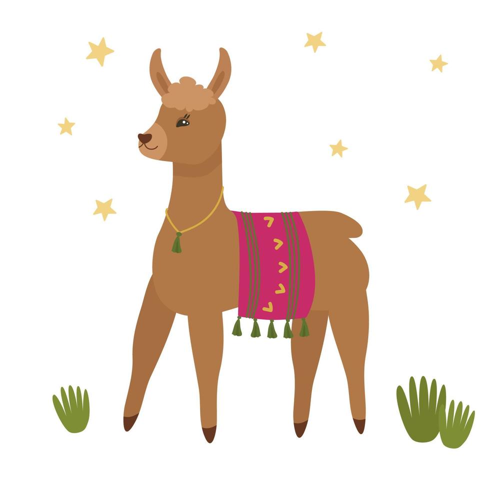 una llama o alpaca es marrón, de pie, con una manta mexicana en la espalda. ilustración vectorial aislada. para la decoración de una habitación infantil, un cartel, una postal. vector