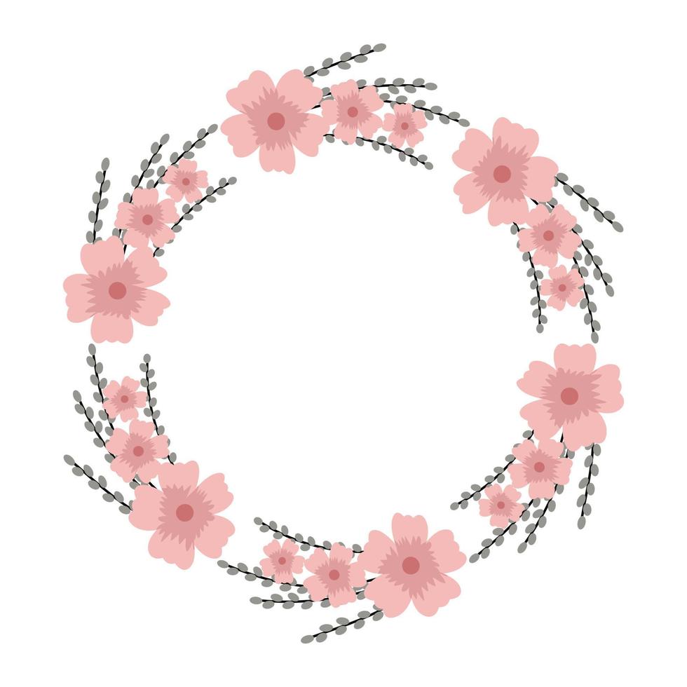 Spring flower wreath. Willow, and pale pink flowers. Design for invitations and greeting cards. Vector illustration