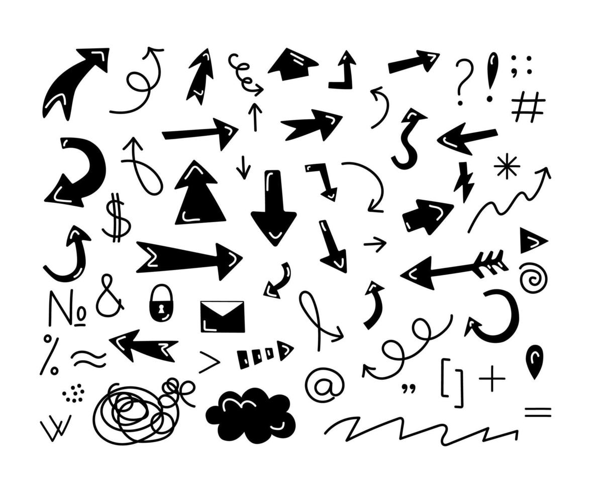 Arrows are a set of different black and white, drawn in a doodle style. The symbols are question mark, dollar, letter, lock, cloud, brackets. The vector illustration is isolated.