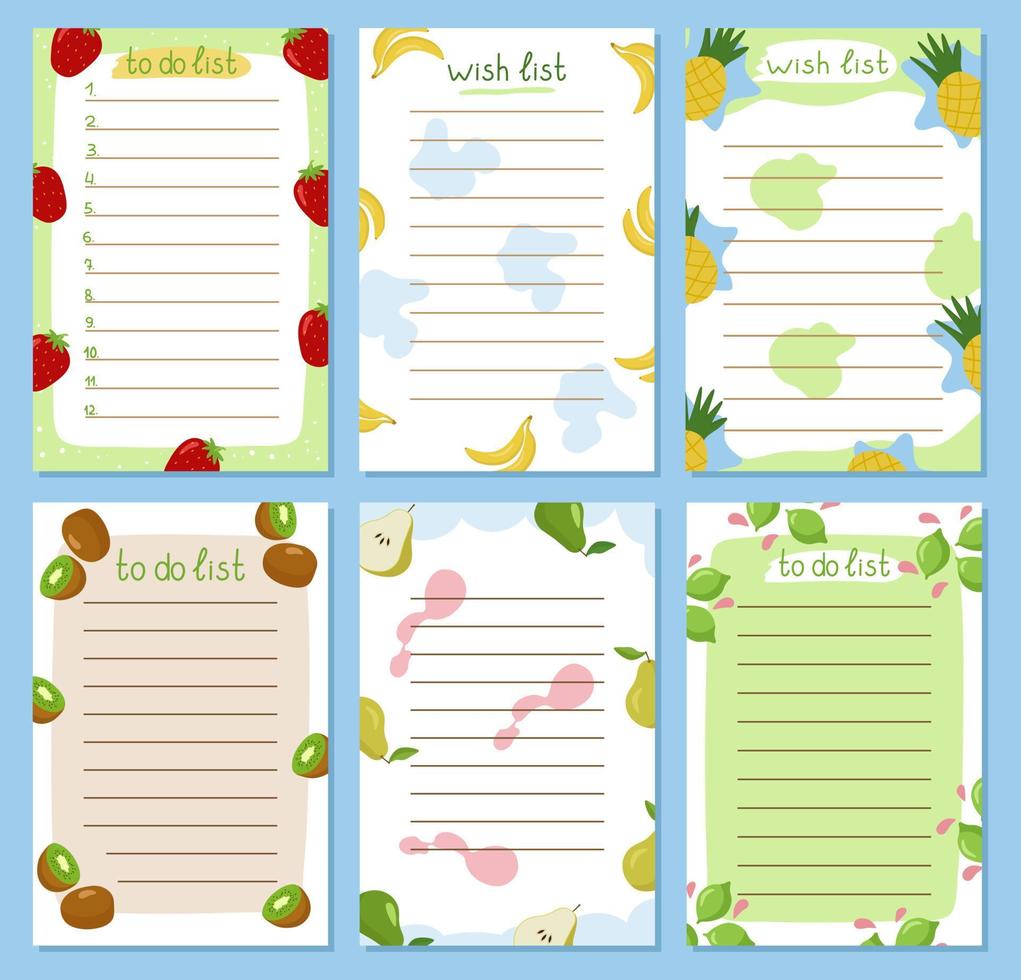 Set of summer to-do lists is a wish page template. Decorated with strawberries, bananas, pineapples, kiwis, pears, limes. Vector illustration of vacation planning and gifts.