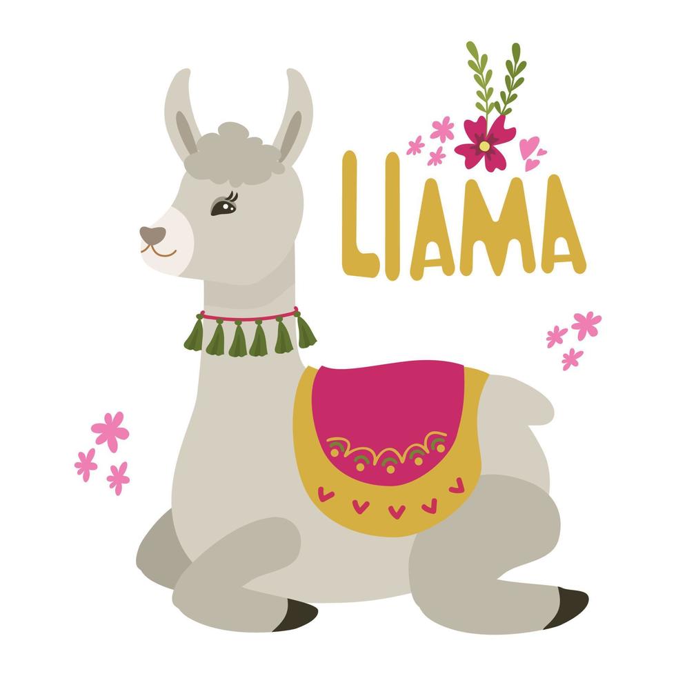 Llama or alpaca in the Mexican style. Vector illustration isolated. For the decor of the nursery, a poster, a postcard.