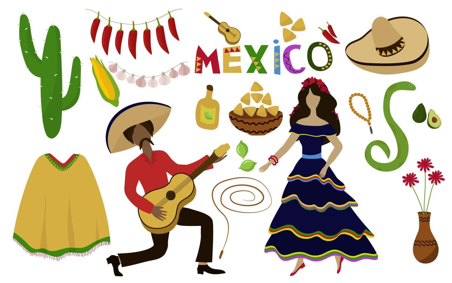 A set of illustrations in the Mexican style. The guy plays the guitar and the girl dances. Icons. Sombrero, cactus, tortilla, chili pepper, garlic, poncho, pottery, rosary, lime. Vector illustration.