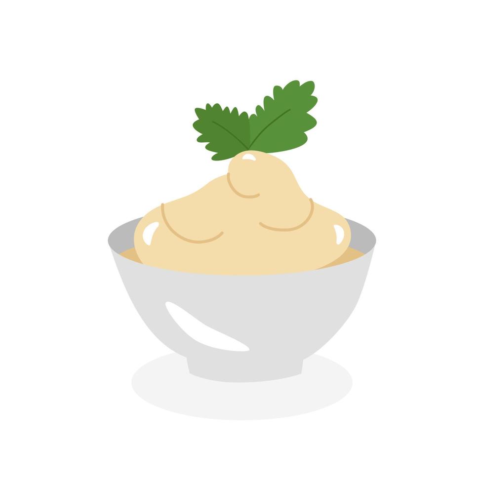 Mayonnaise, sauce in a white cup, side view. Vector illustrations in cartoon flat style. For labels, design, banners, advertising