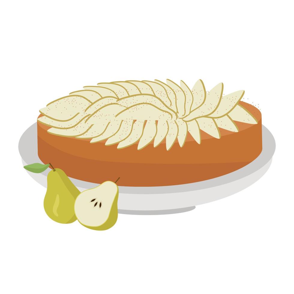 Autumn pastries, sweet pie with pears. Vector illustration in a cartoon flat style. For postcards, labels, design, banners, advertising