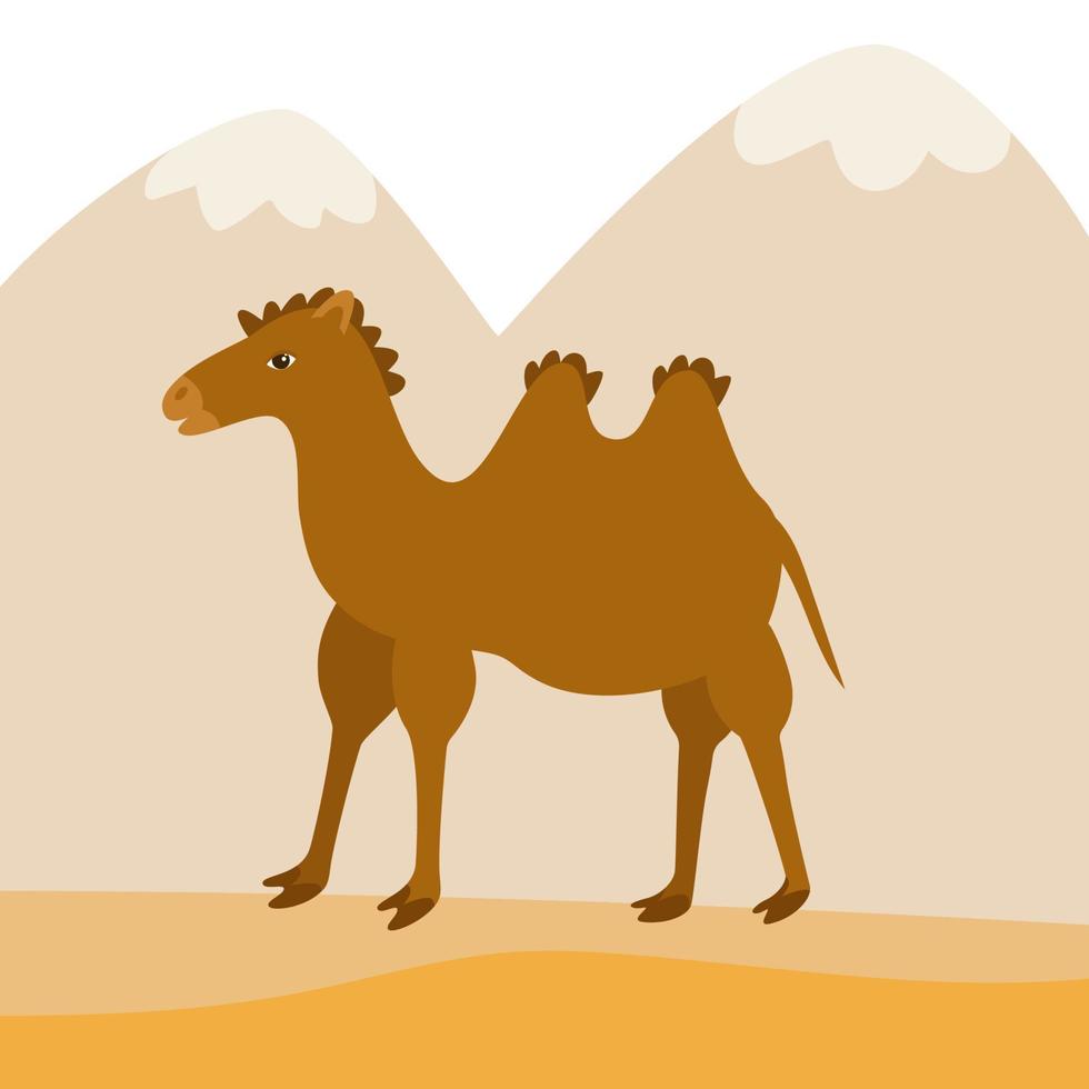 A camel in the desert, against the background of sand and mountains. Vector illustration isolated on a white background