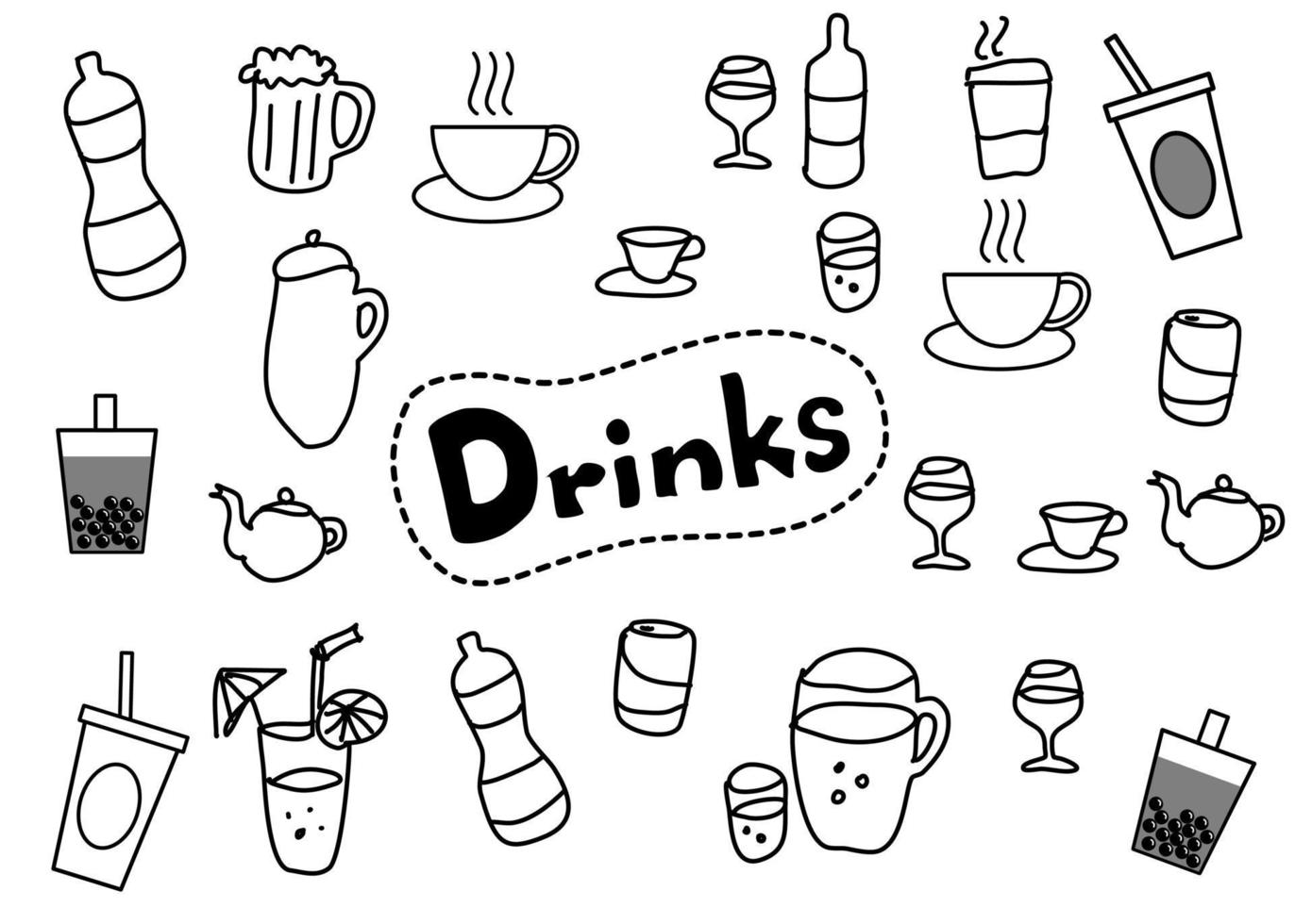 A set of doodle drawing drinking floating around word DRINKS at the center. They are outline drawing style in black and white isolated on white background. vector