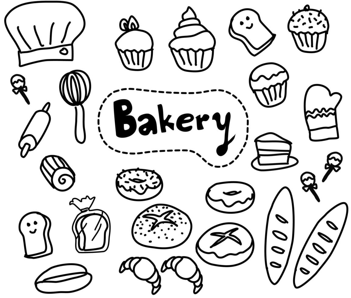 A set of doodle drawing bakery floating around word Bakery at the center. They are outline drawing style in black and white isolated on white background. vector