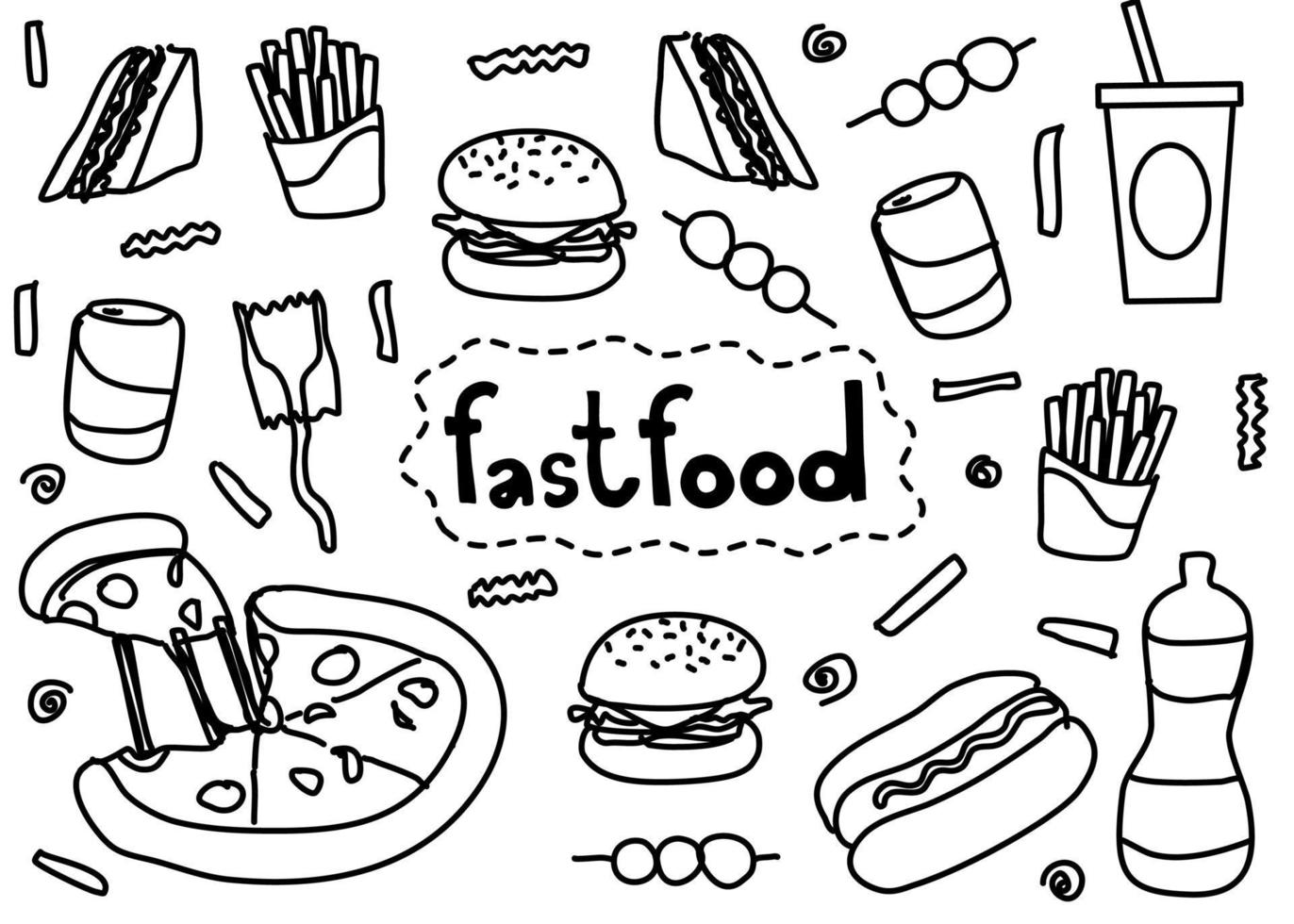 A set of doodle drawing style of fast food icon that floating around the word FASTFOOD at the center. They are isolated on white background. vector