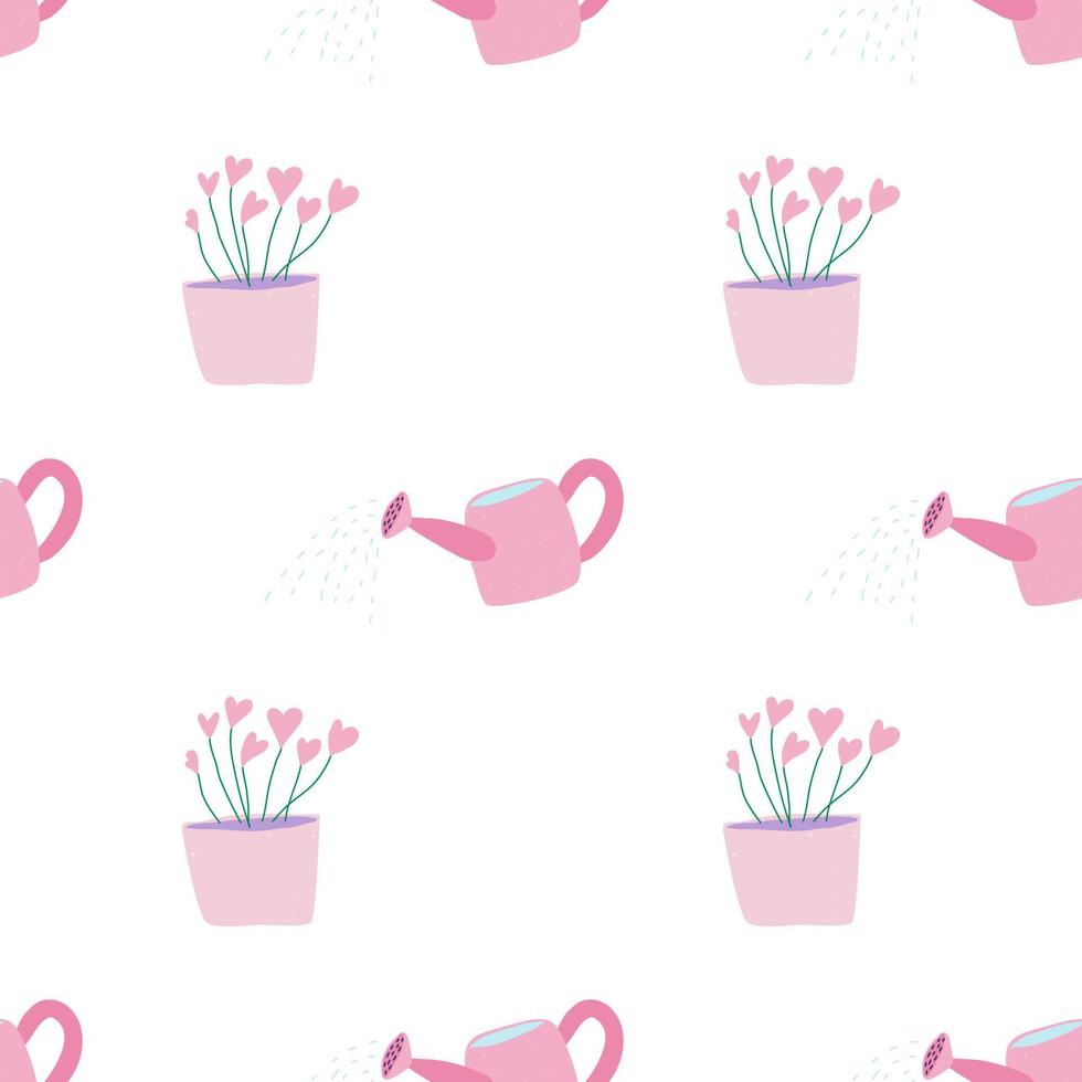 Seamless pattern. Hearts tree and watering can. Wrapping paper pattern. Valentines Day decorations. vector