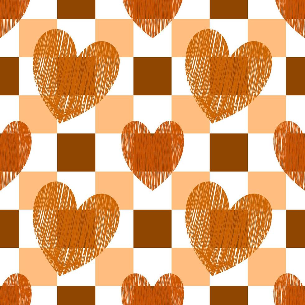 Valentine seamless background. Hearts on a checkerboard background. Seamless pattern. Hand drawn vector lines. Wrapping paper pattern. Valentine's Day decoration pattern. Burnt Orange.