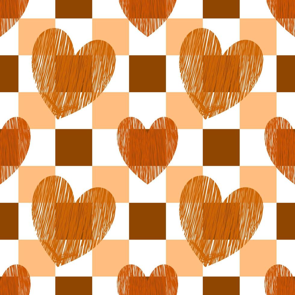 Valentine seamless background. Hearts on a checkerboard background. Seamless pattern. Hand drawn vector lines. Wrapping paper pattern. Valentine's Day decoration pattern. Burnt Orange.