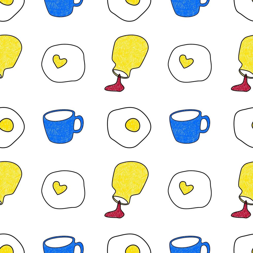 Seamless pattern. Coffee mug and fried egg on white background. Valentine's Day decoration pattern. Vector line art. Hand drawn pattern. Golden Yellow.