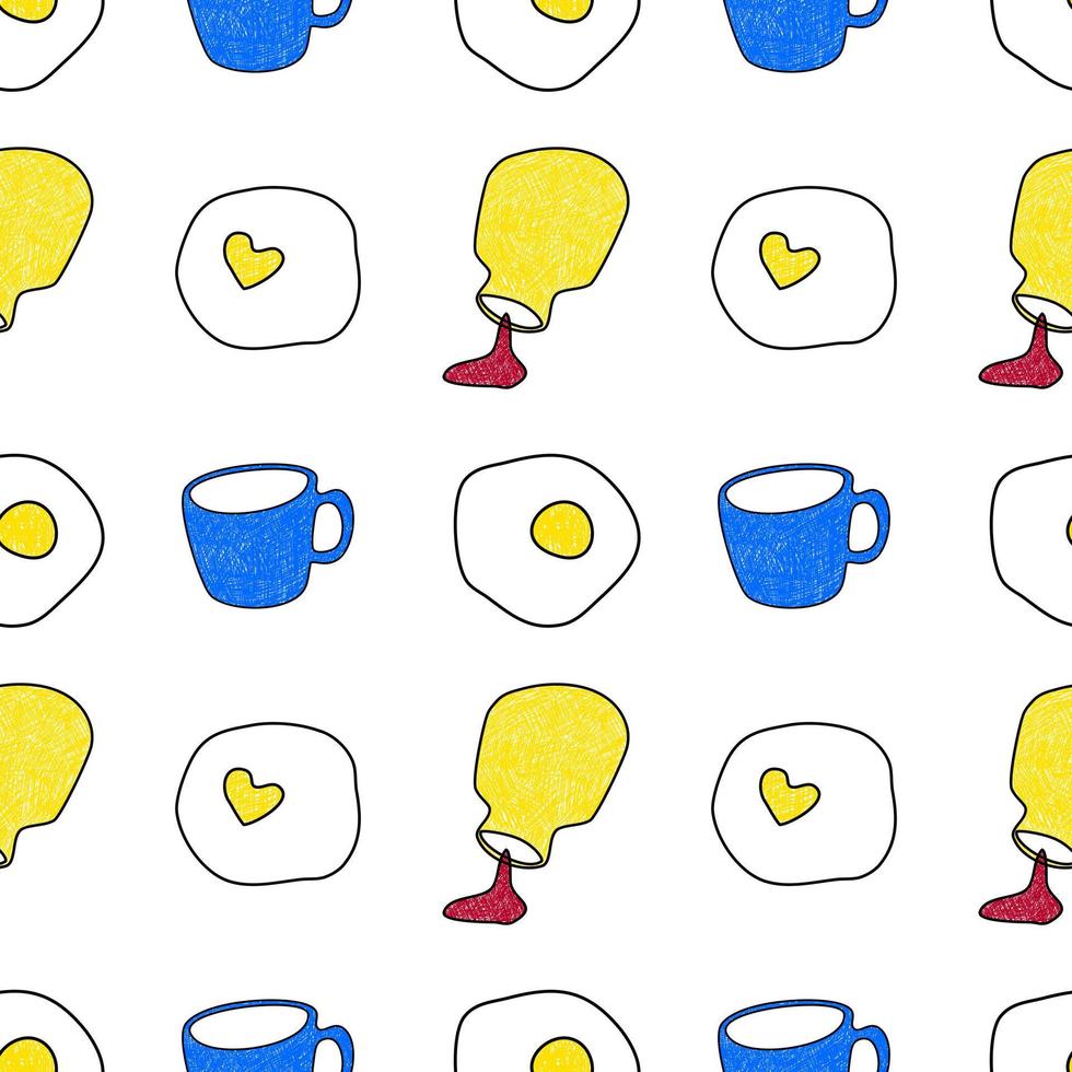 Seamless pattern. Coffee mug and fried egg on white background. Valentine's Day decoration pattern. Vector line art. Hand drawn pattern. Golden Yellow.