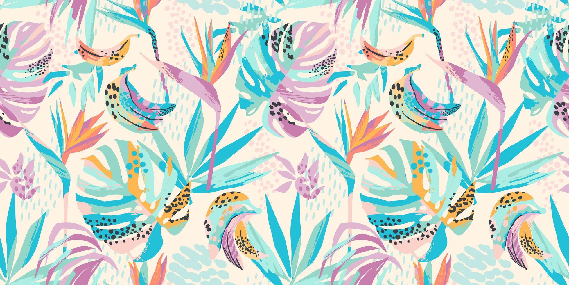 Abstract art seamless pattern with tropical leaves and flowers. Modern exotic design vector