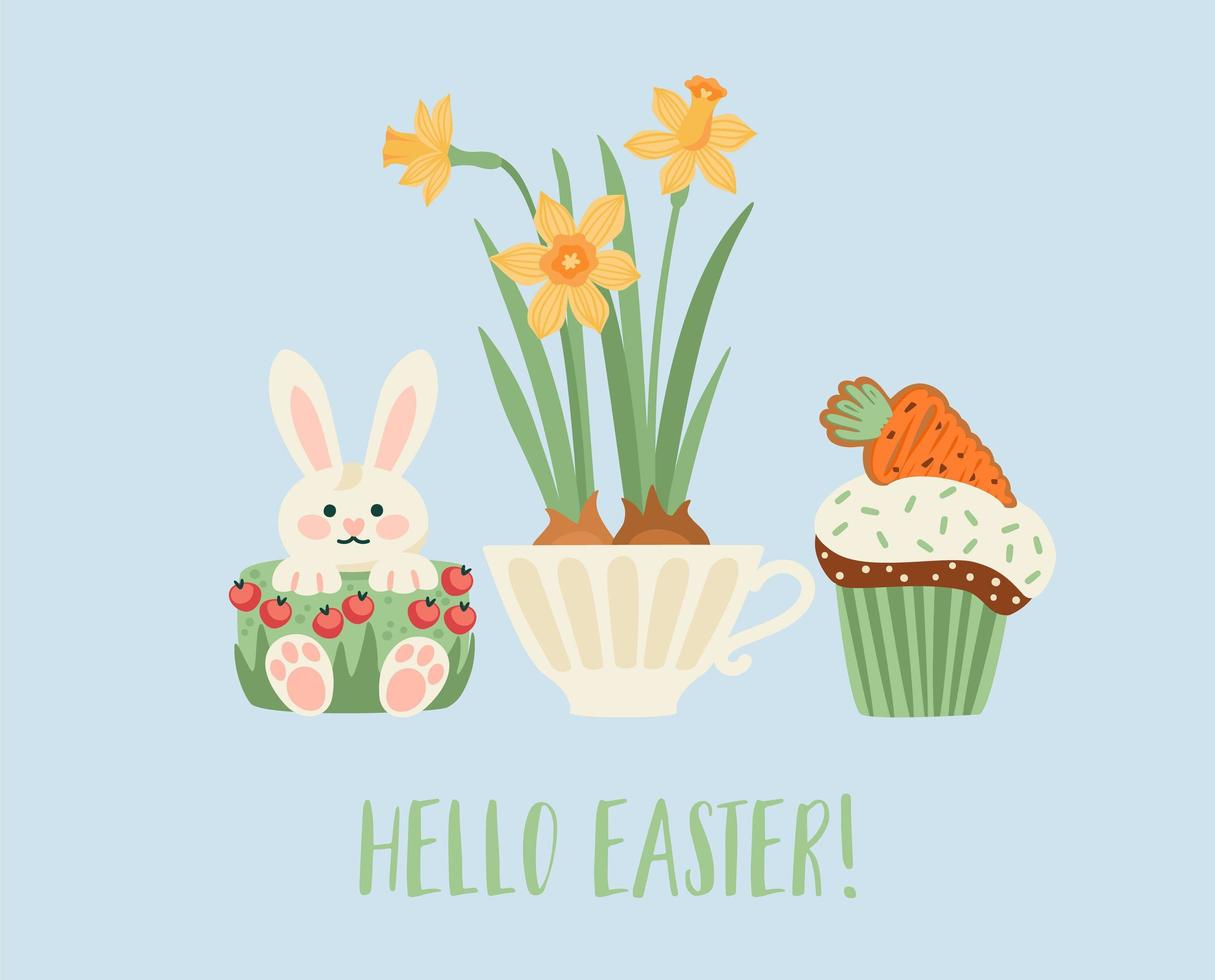 Easter illustration with funny sweets. Cupcake, cake, dessert with easter symbols. Vector design