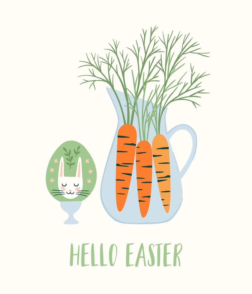 Easter illustration with egg and carrot. Easter symbols. Cute vector design.