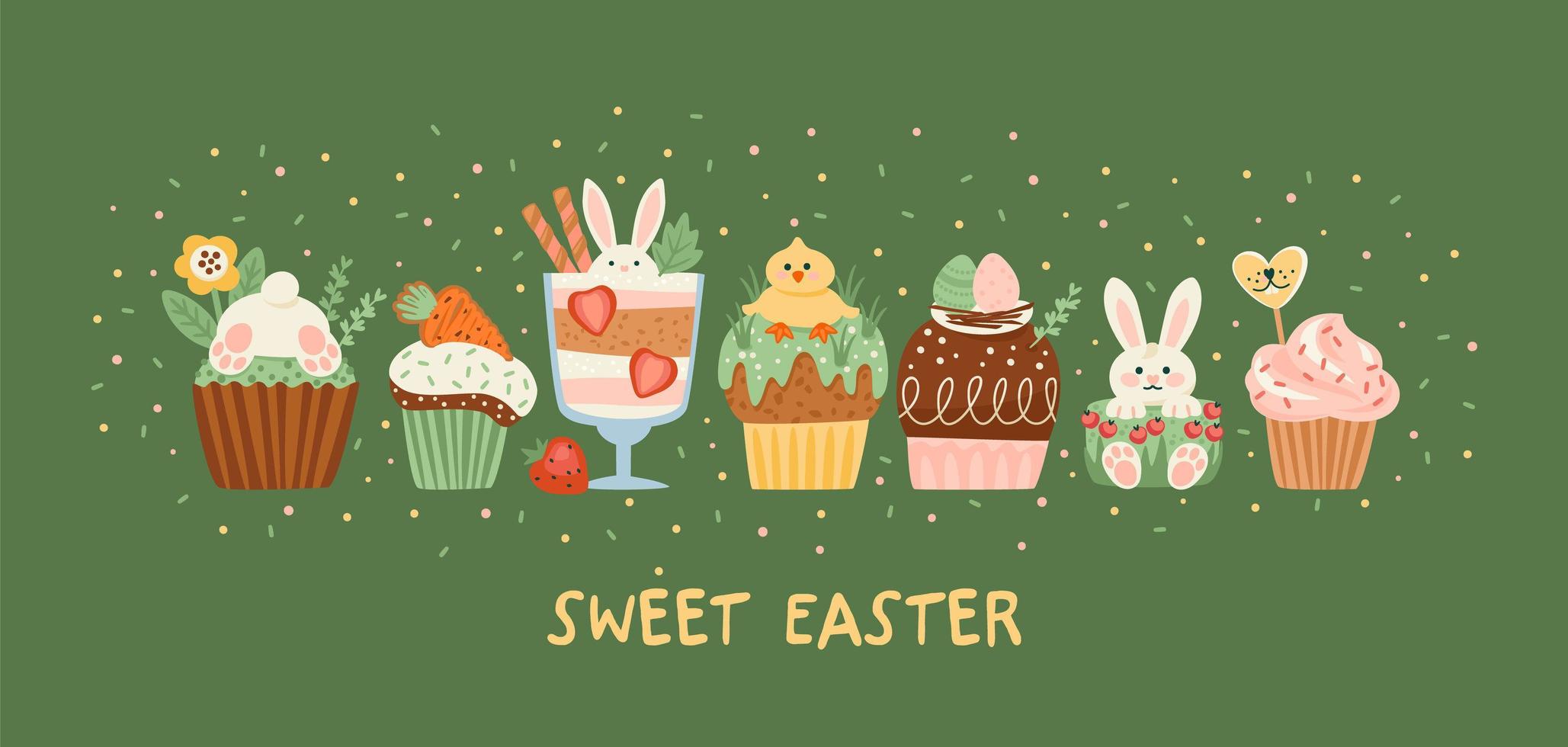 ilustración de pascua con dulces divertidos. cupcake, pastel, postre con símbolos de Pascua. diseño vectorial vector