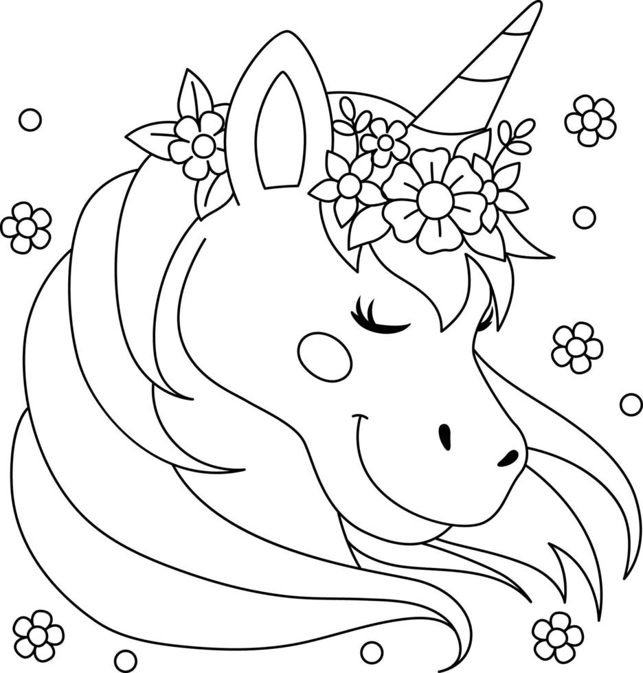 Unicorn Wearing A Flower Wreath Coloring Page vector