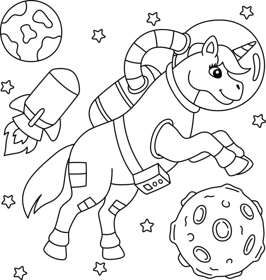 Unicorn Astronaut In Space Coloring Page for Kids vector