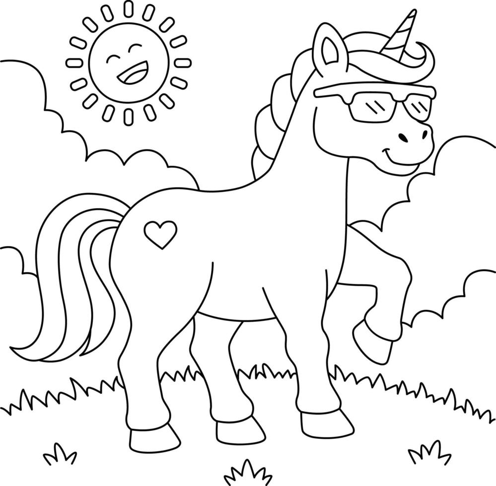 unicornio con gafas de sol página para colorear para niños vector