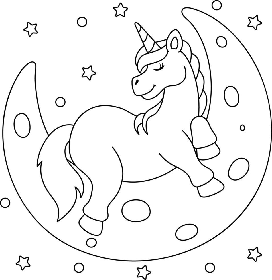 Unicorn Sleeping On The Moon Coloring Page vector