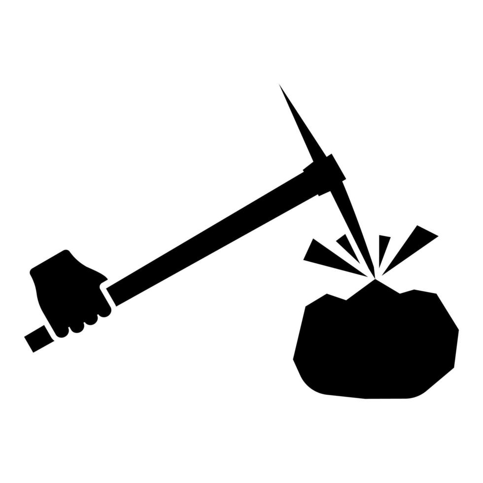 Pickaxe mining beats stones flying Holding in hand icon black color vector illustration image flat style