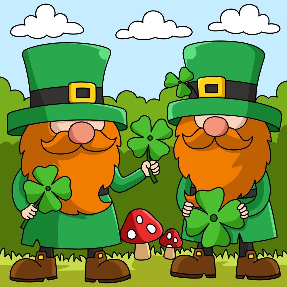 Saint Patricks Day Two Gnome Cartoon Vector Colored