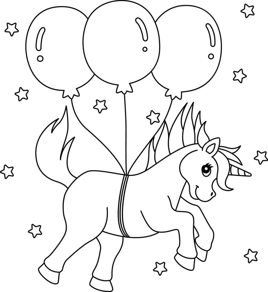 Unicorn Floating With The Balloons Coloring Page vector