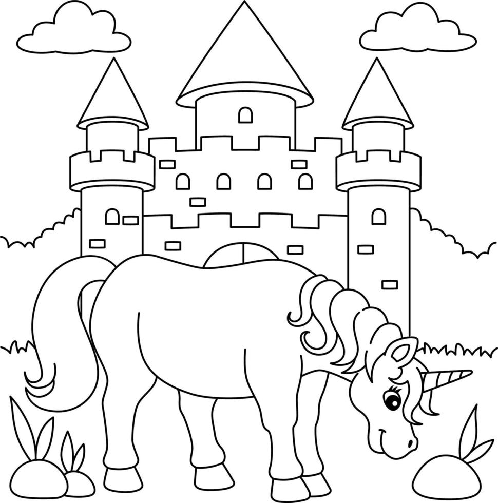 Unicorn Castle Coloring Page for Kids vector