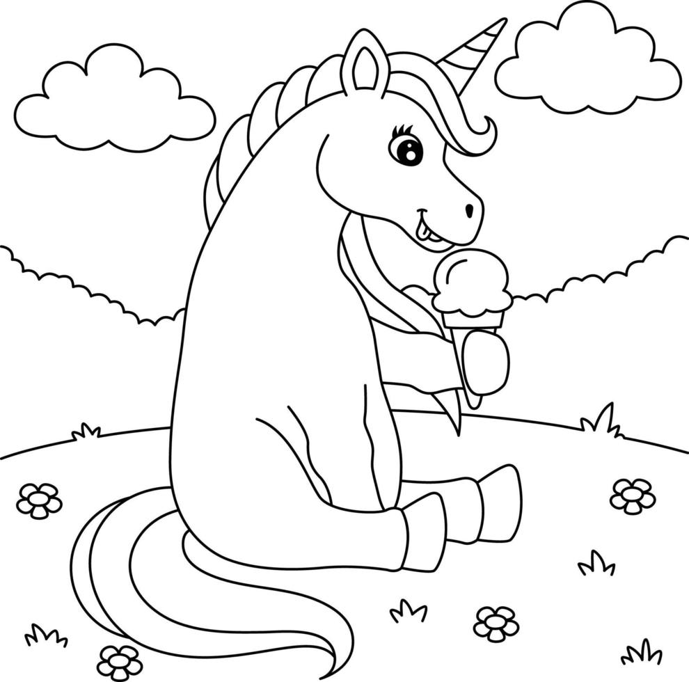 unicornio comiendo helado página para colorear para niños vector