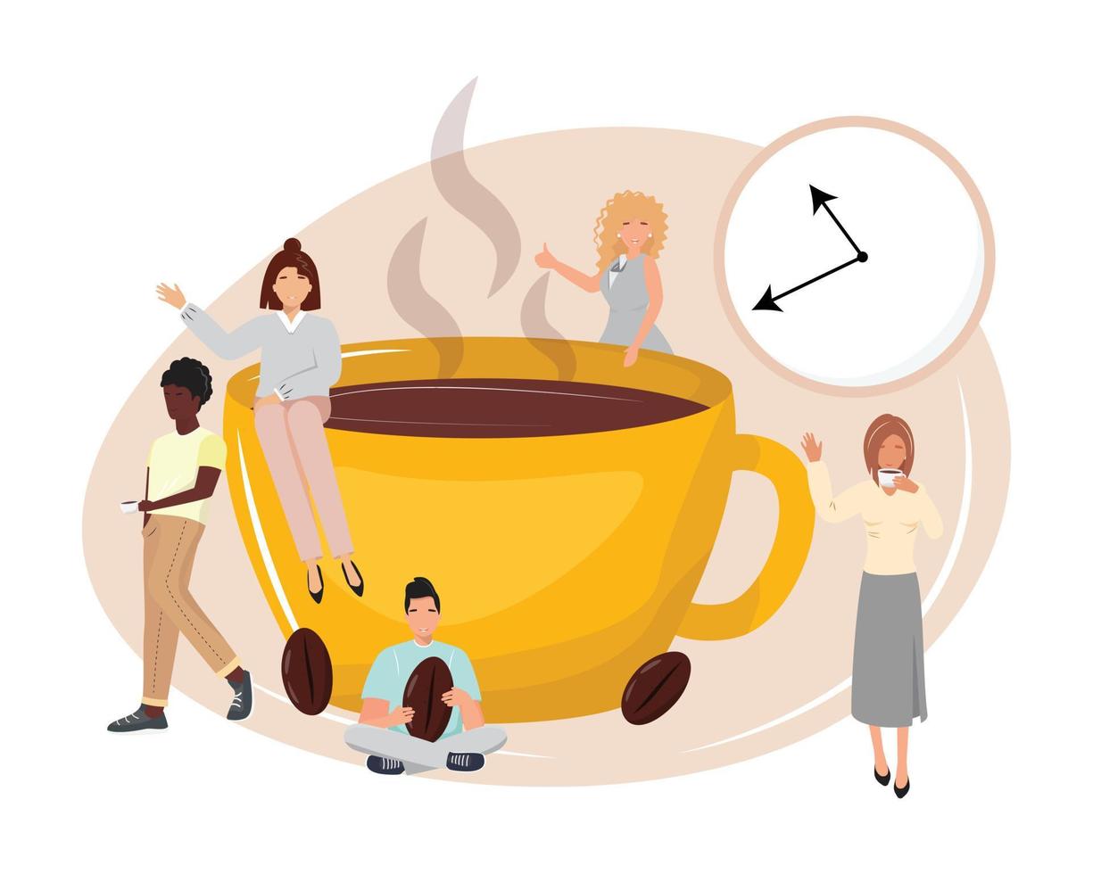 Group of people taking a coffee break and talking. Huge cup of coffee with small people around. Office communication concept illustration. Collegues at the coffee break enjoying the time together. vector