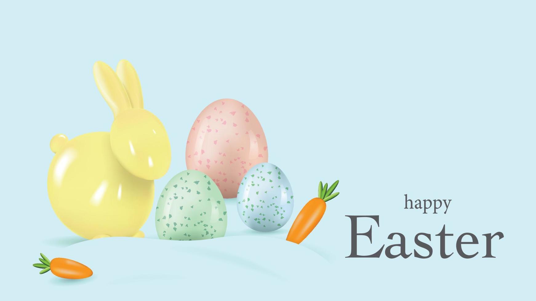 Blue background for Easter with yellow bunny, Easter eggs and carrots. Template for background, banner, cards, advertisement. Realistic vector background.