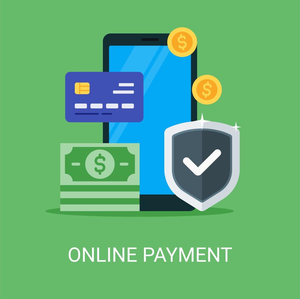 Online payment vector illustration concept in flat style. Money, phone, shield, credit card icon suitable for many purposes.