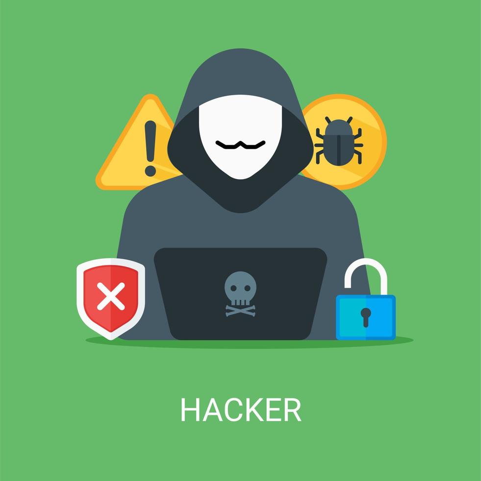 Hacker vector illustration concept in flat style. Hacker, padlock, shield, bugs, computer icon suitable for many purposes.