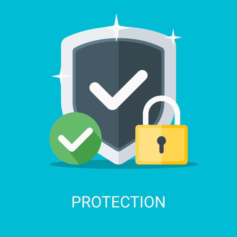 concepto de ilustración de protección en estilo plano. escudo, candado, vector de icono de verificación adecuado para muchos propósitos.