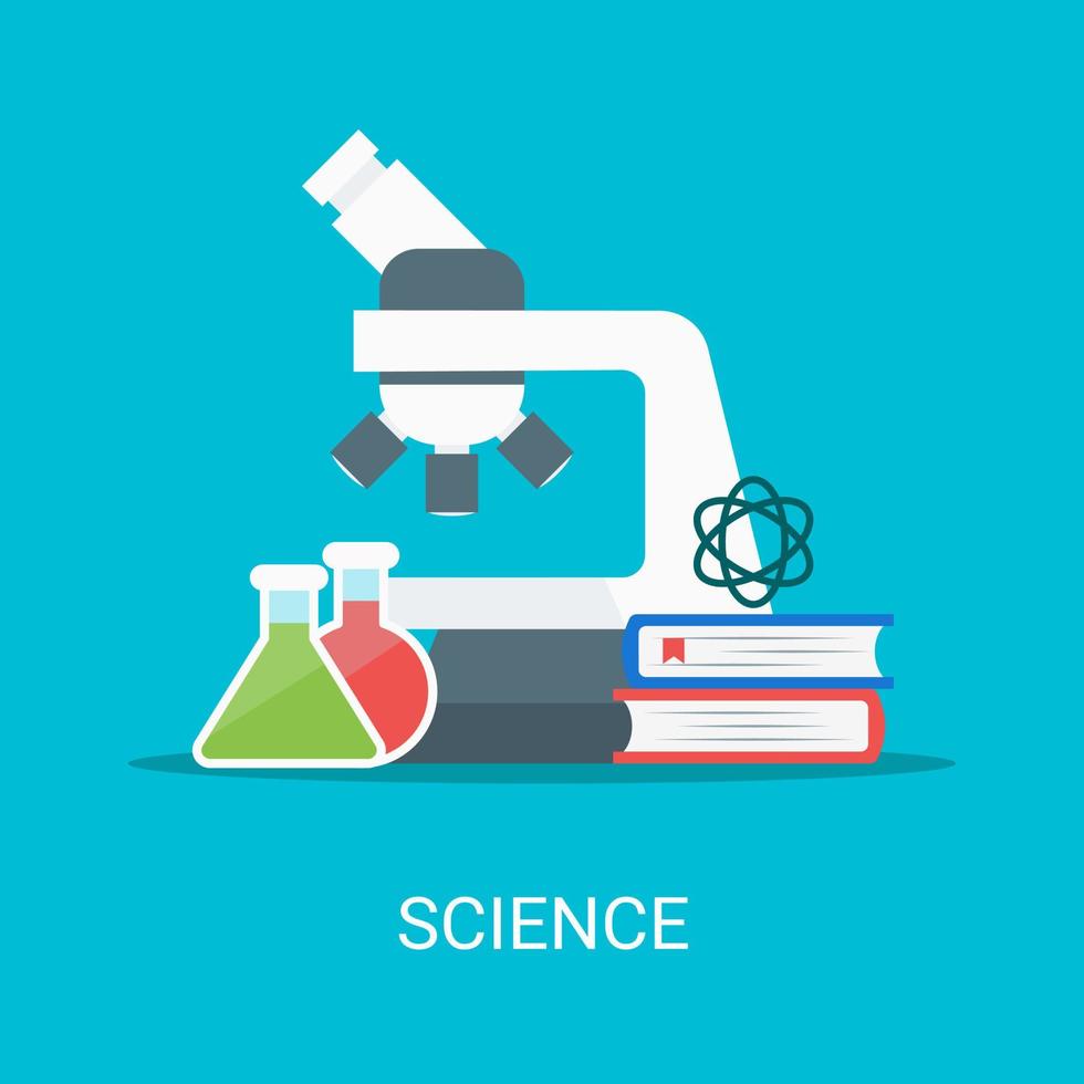 concepto de ilustración de vector de ciencia en estilo plano. microscopio, libros, icono de matraz adecuado para muchos propósitos.