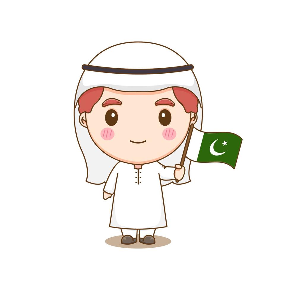Cute pakistan boy wearing national with flag. Chibi cartoon character isolated background. vector