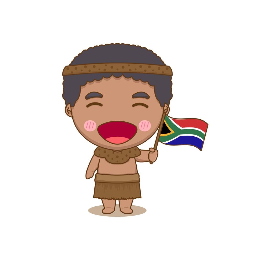 lindo niño sudafricano con bandera nacional. fondo aislado del personaje de dibujos animados chibi. vector