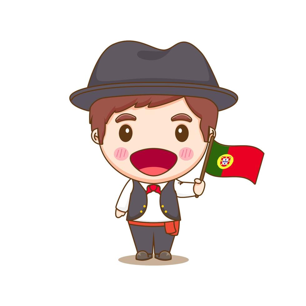 lindo niño de portugal vistiendo nacional con bandera. fondo aislado del personaje de dibujos animados chibi. vector