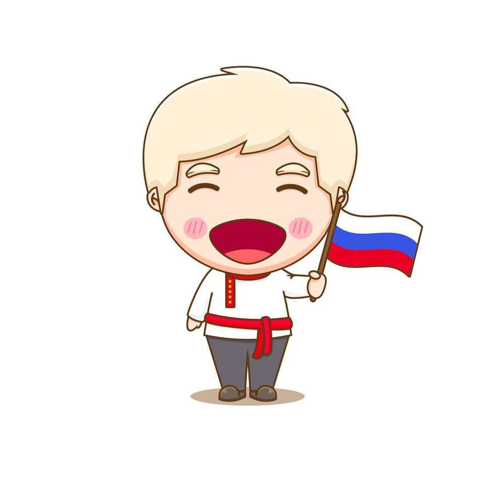 Cute Russian boy wearing national with flag. Chibi cartoon character isolated background. vector