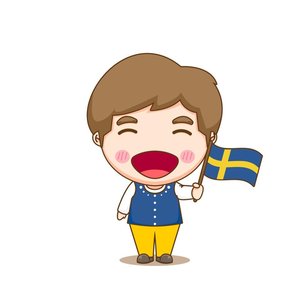 Cute Sweden boy wearing national with flag. Chibi cartoon character isolated background. vector