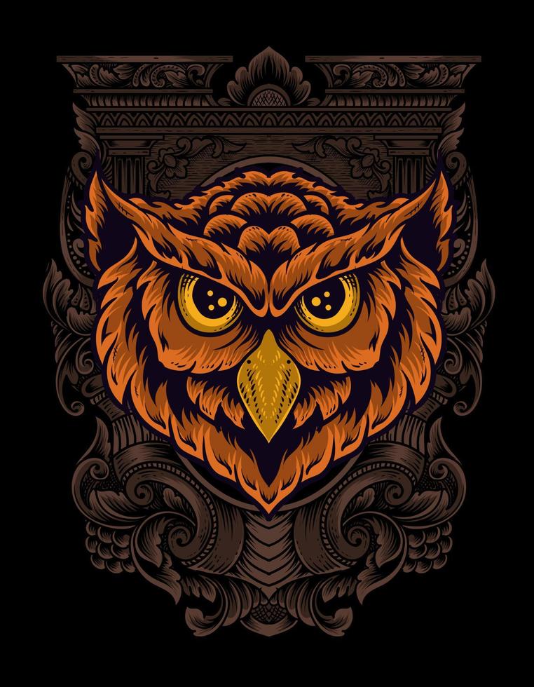 illustration owl head with engraving ornament vector