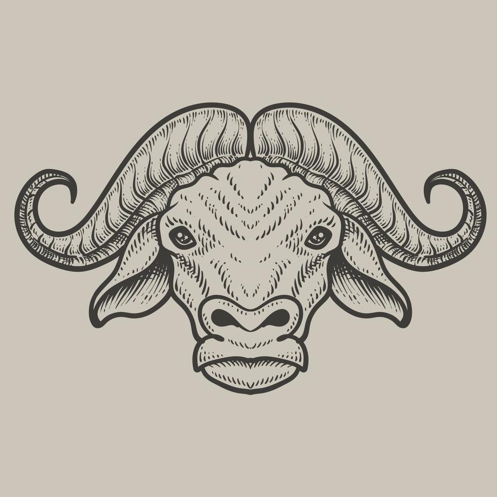 illustration buffalo head with engraving style vector