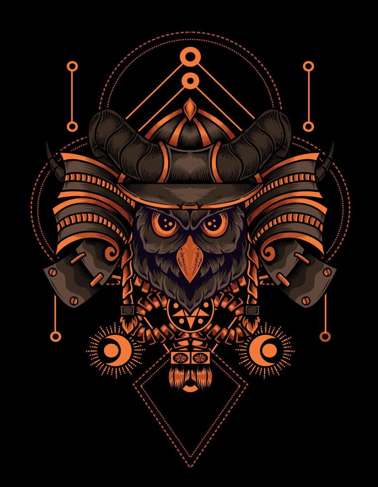 cabeza de pájaro búho de ilustración con casco samurai vector