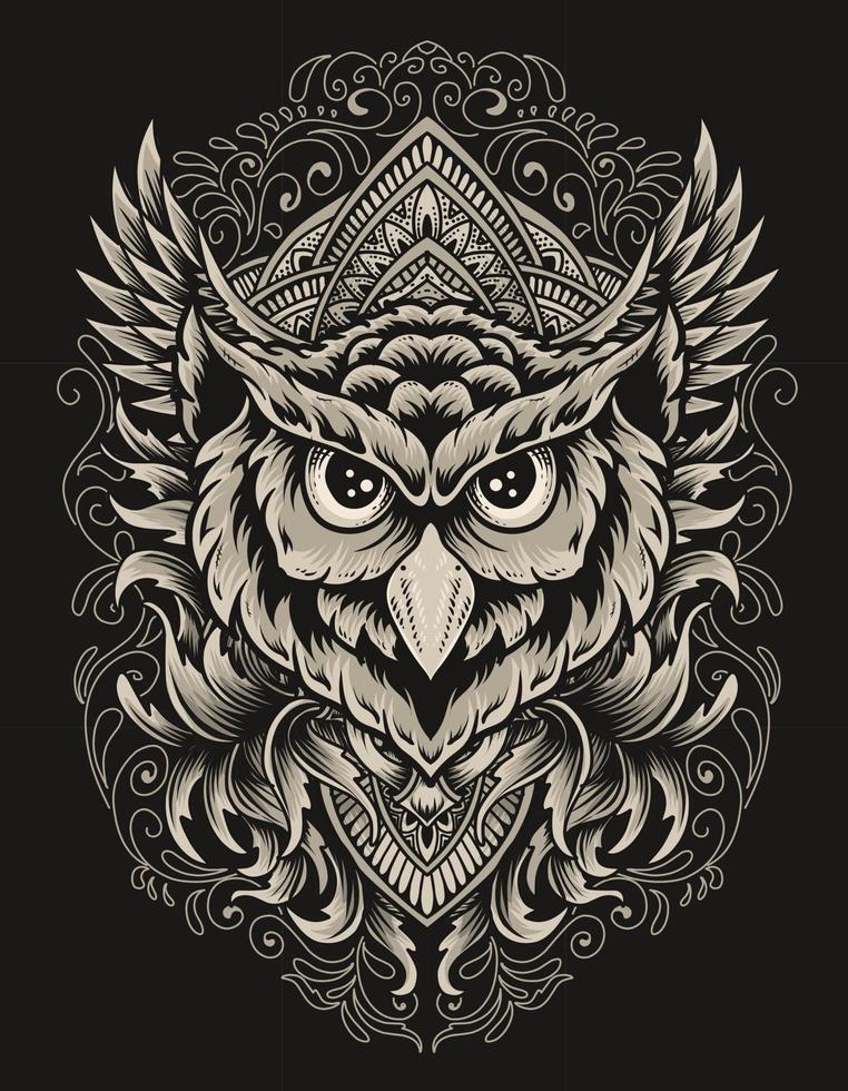 illustration owl head with engraving ornament vector