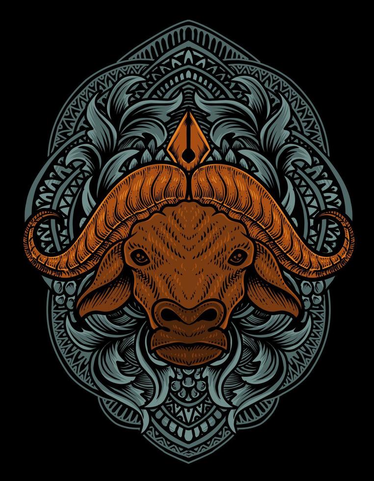 illustration buffalo head with engraving ornament vector